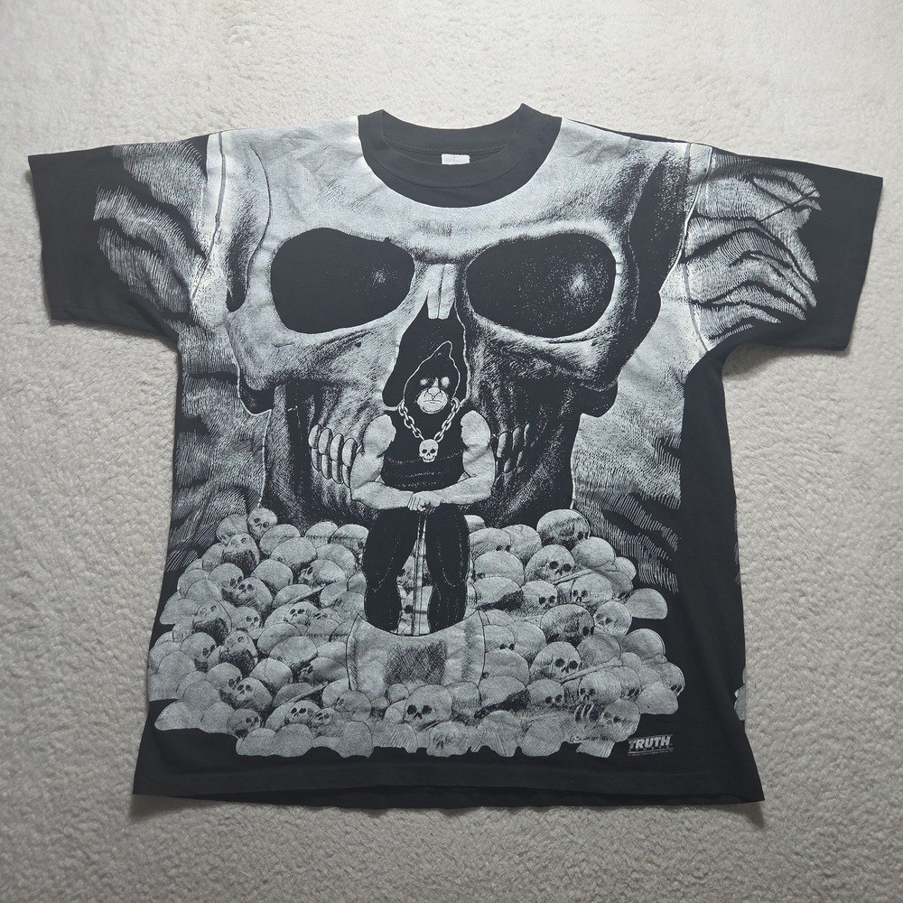 Vintage 90s Truth Sports Executioner All Over Print Black Tee Shirt Size XL Rare